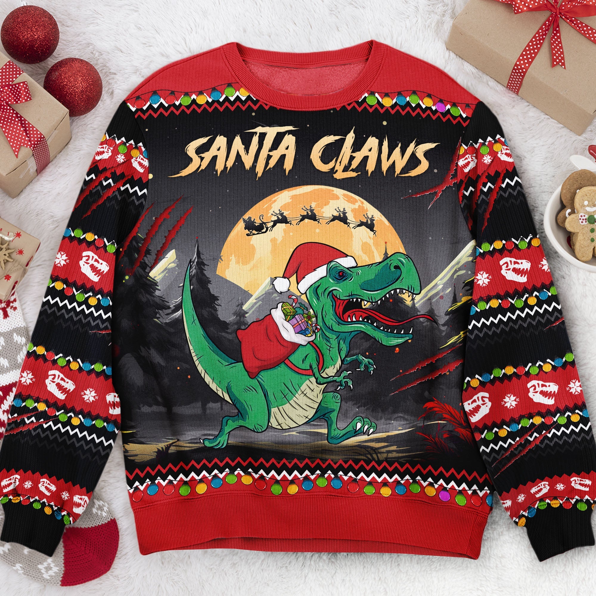 Santa-Claws-T-Rex-Christmas-Dinosaur-Santa-Personalized-Ugly-Sweater1.jpg Santa Claws T-Rex Christmas Dinosaur Santa - Personalized Ugly Sweater - Image 1